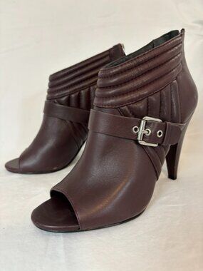 Sigerson Morrison Myla Peep Toe Moto Bootie Dark Brown Leather Buckle & Strap 8B